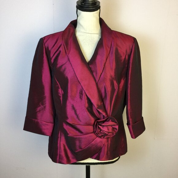 Alex Evenings Jackets & Blazers - Alex Evenings Jacket Blazer Wrap Top XLP Woman's Petite Maroon Shiny 3/4 Sleeve